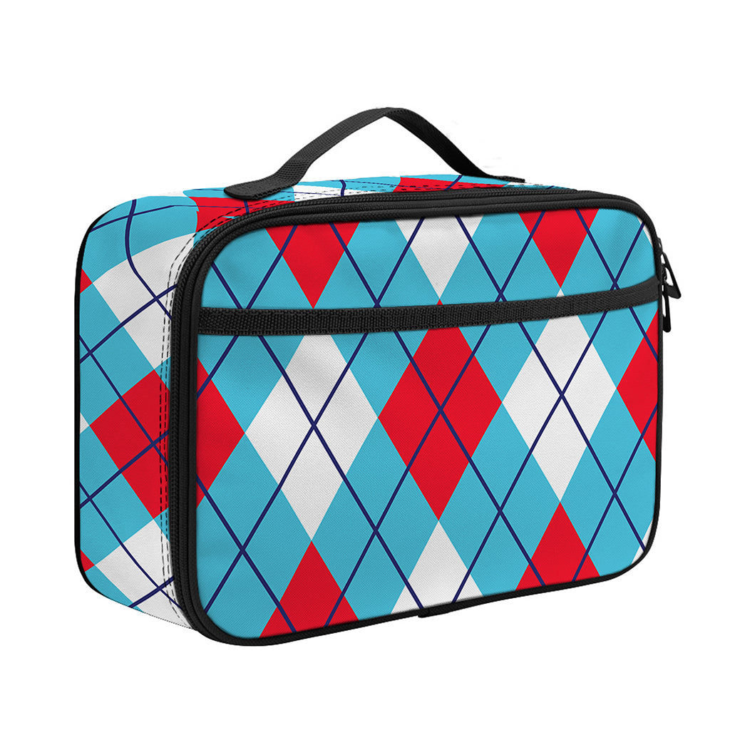Red Blue And White Argyle Pattern Print Portable Lunch Bag
