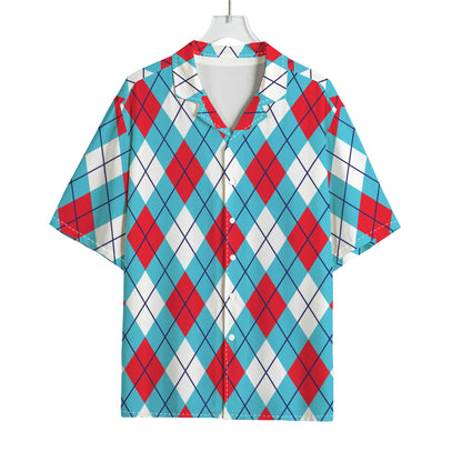 Red Blue And White Argyle Pattern Print Rayon Hawaiian Shirt