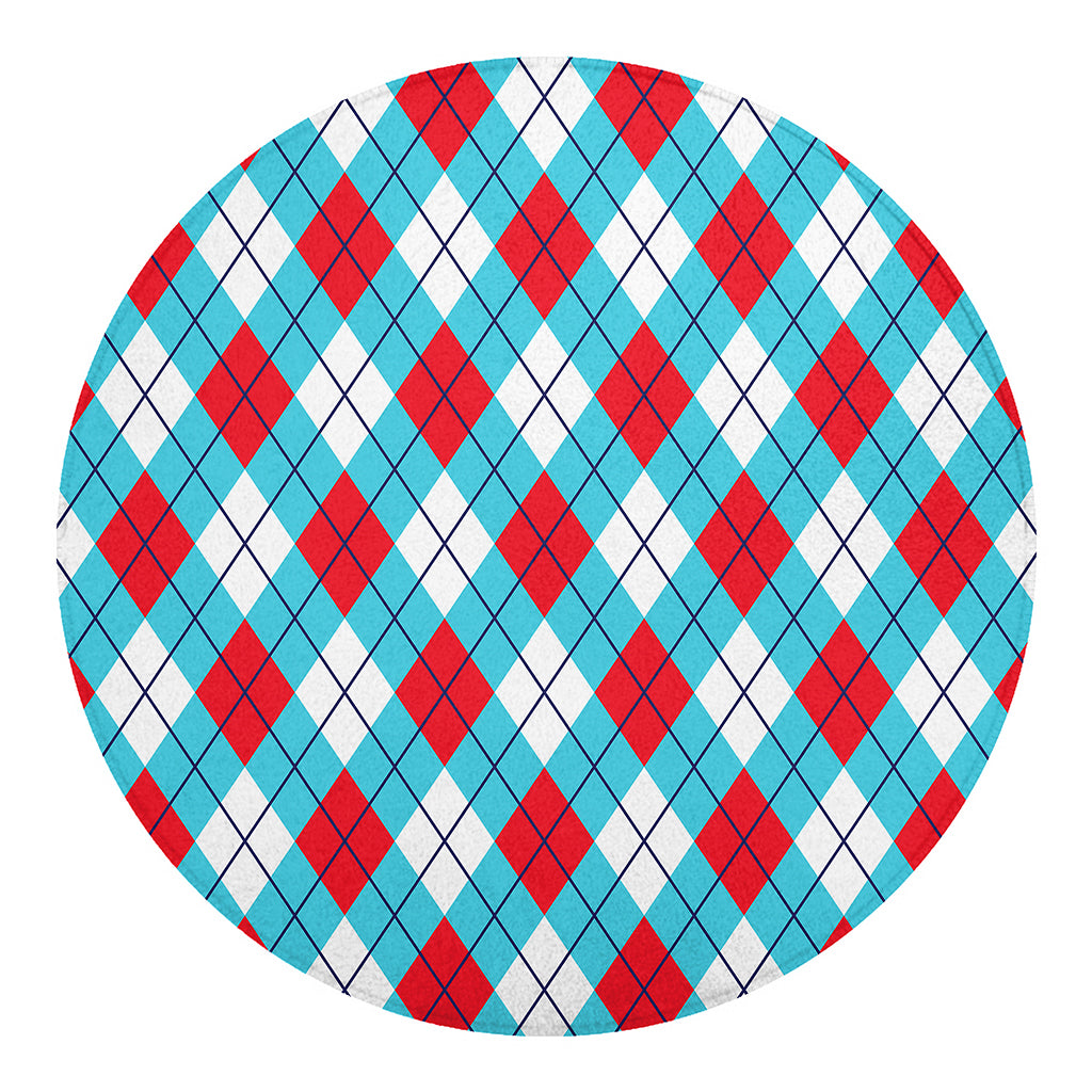 Red Blue And White Argyle Pattern Print Round Blanket