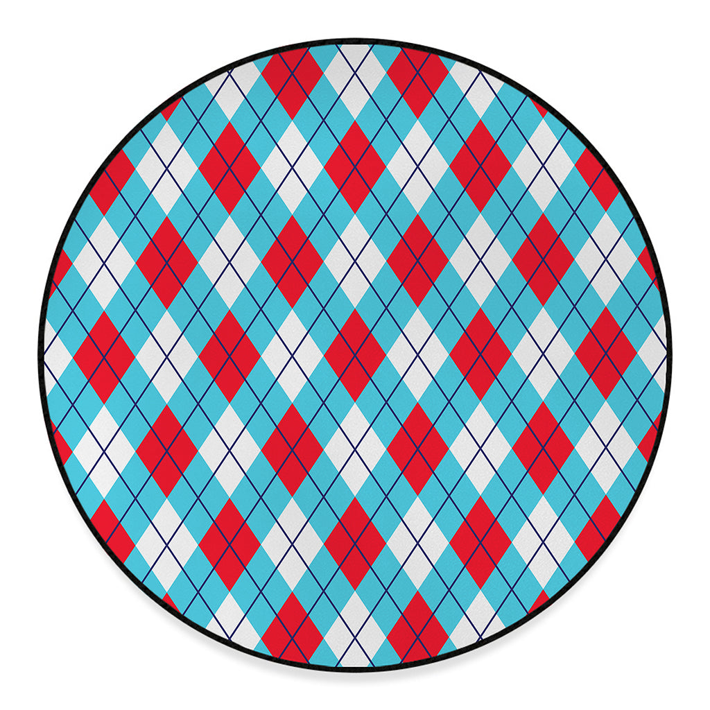 Red Blue And White Argyle Pattern Print Round Floor Mat