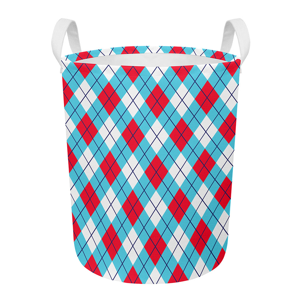 Red Blue And White Argyle Pattern Print Round Laundry Basket