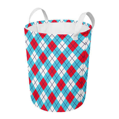 Red Blue And White Argyle Pattern Print Round Laundry Basket