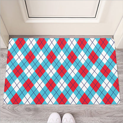 Red Blue And White Argyle Pattern Print Rubber Doormat
