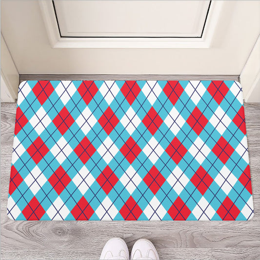 Red Blue And White Argyle Pattern Print Rubber Doormat