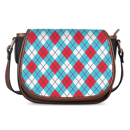 Red Blue And White Argyle Pattern Print Saddle Bag