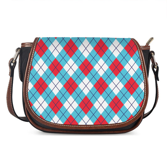 Red Blue And White Argyle Pattern Print Saddle Bag