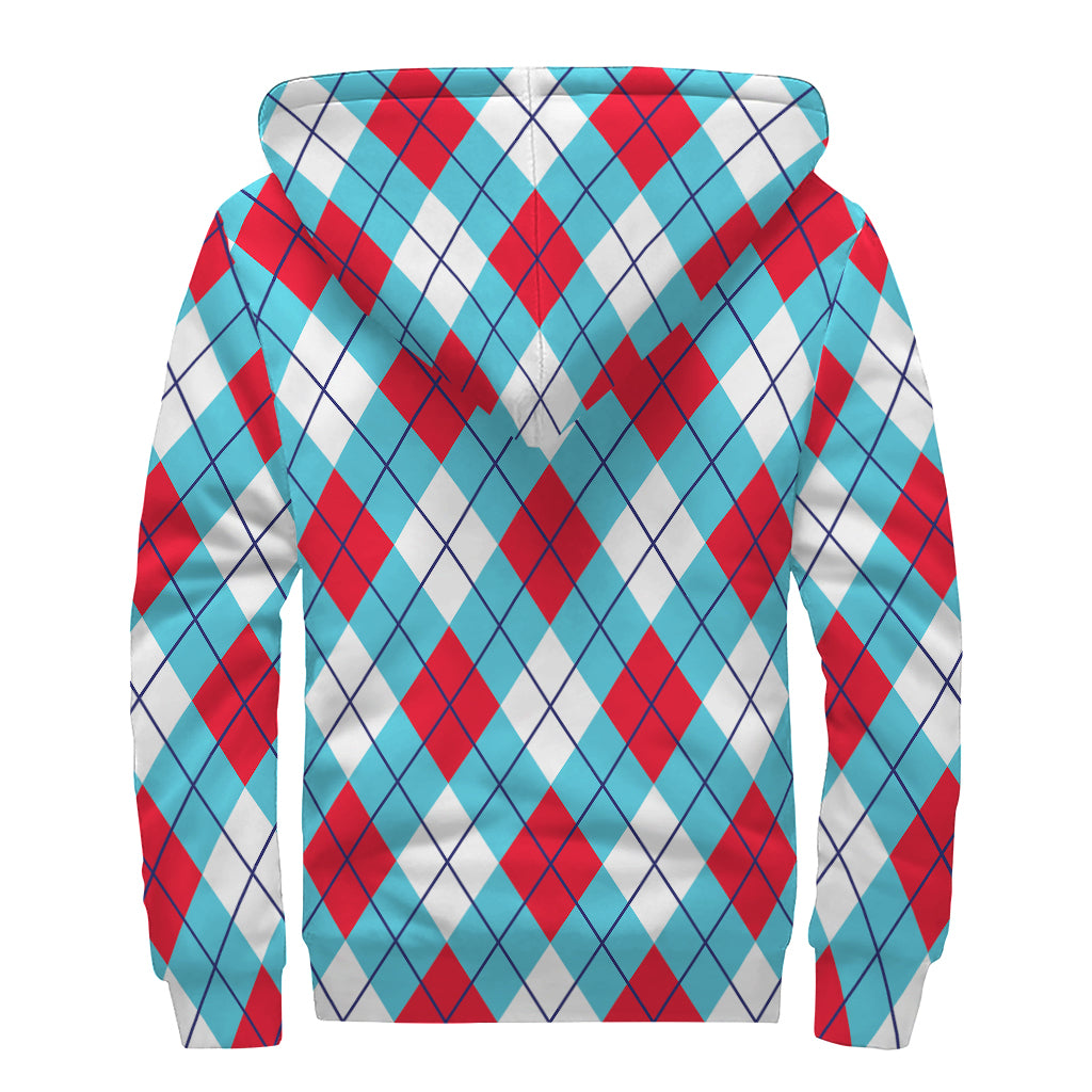 Red Blue And White Argyle Pattern Print Sherpa Lined Zip Up Hoodie