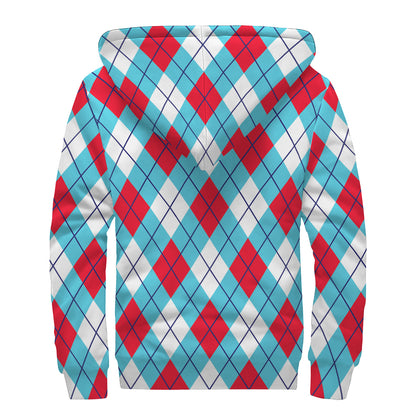 Red Blue And White Argyle Pattern Print Sherpa Lined Zip Up Hoodie
