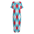 Red Blue And White Argyle Pattern Print Short Sleeve Long Nightdress