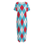 Red Blue And White Argyle Pattern Print Short Sleeve Long Nightdress