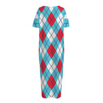 Red Blue And White Argyle Pattern Print Short Sleeve Long Nightdress