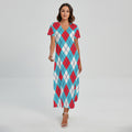 Red Blue And White Argyle Pattern Print Short Sleeve Maxi Dress
