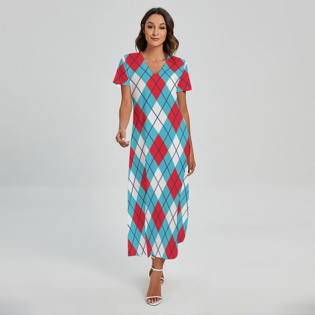 Red Blue And White Argyle Pattern Print Short Sleeve Maxi Dress
