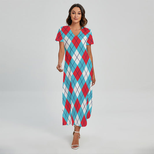Red Blue And White Argyle Pattern Print Short Sleeve Maxi Dress