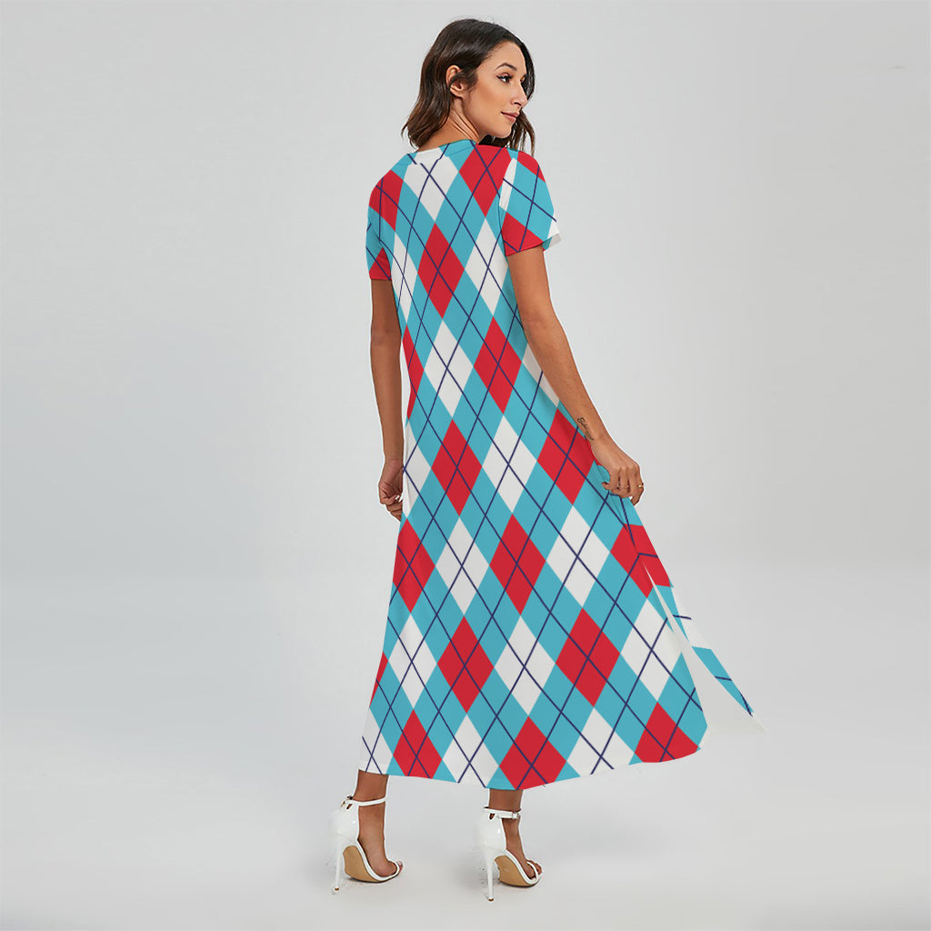 Red Blue And White Argyle Pattern Print Short Sleeve Maxi Dress