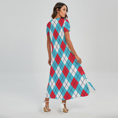 Red Blue And White Argyle Pattern Print Short Sleeve Maxi Dress