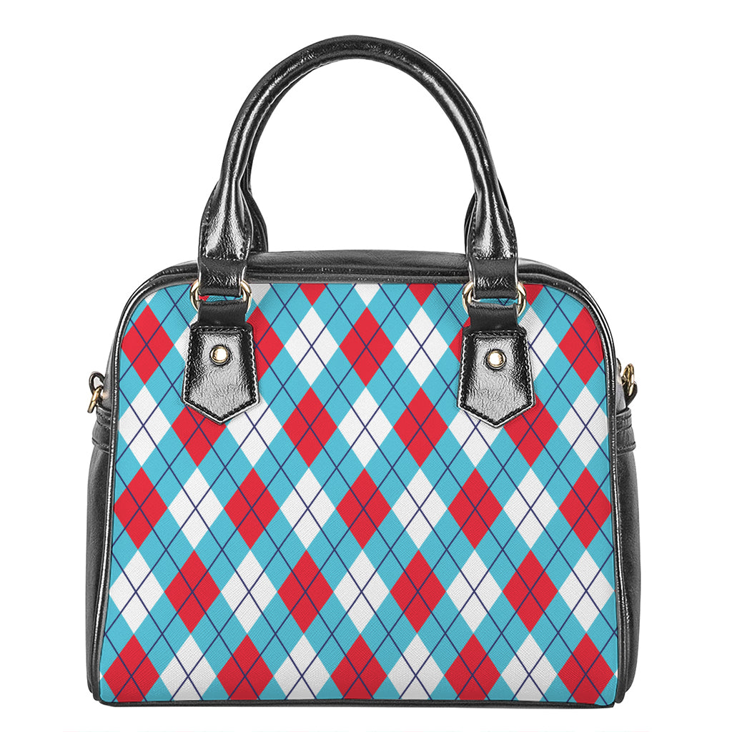 Red Blue And White Argyle Pattern Print Shoulder Handbag
