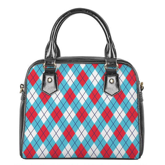 Red Blue And White Argyle Pattern Print Shoulder Handbag