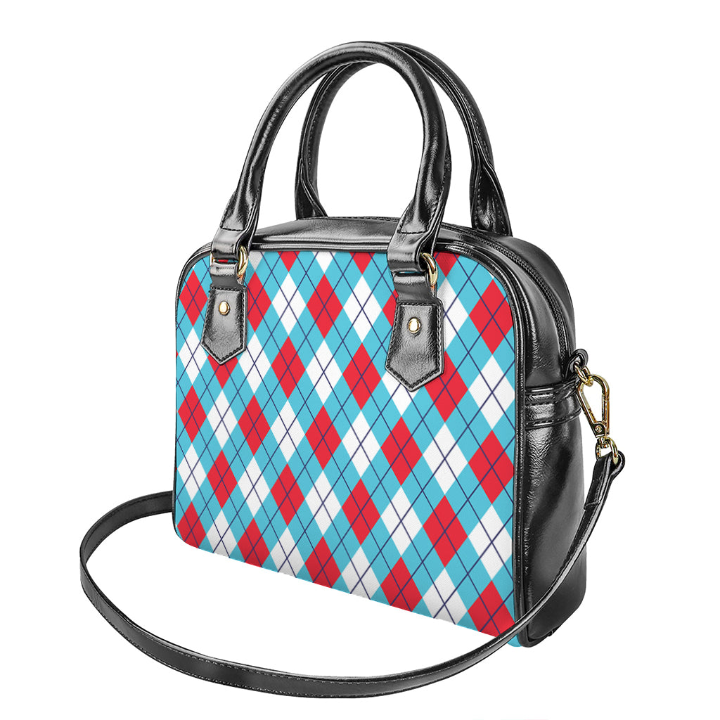 Red Blue And White Argyle Pattern Print Shoulder Handbag