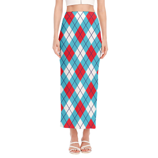Red Blue And White Argyle Pattern Print Side Slit Maxi Skirt