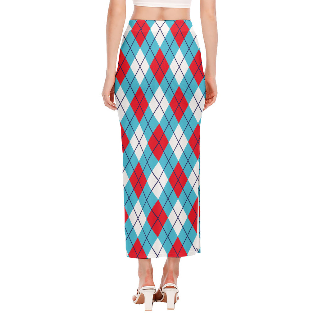 Red Blue And White Argyle Pattern Print Side Slit Maxi Skirt