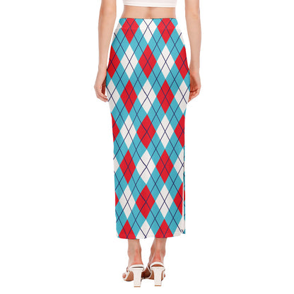 Red Blue And White Argyle Pattern Print Side Slit Maxi Skirt