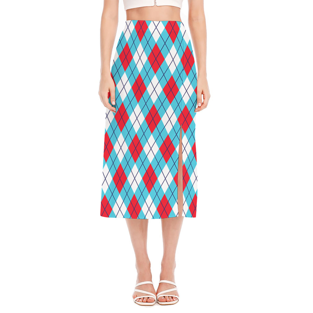 Red Blue And White Argyle Pattern Print Side Slit Midi Skirt