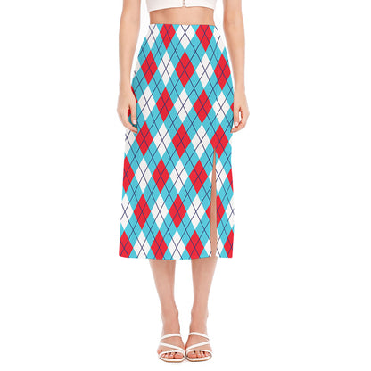 Red Blue And White Argyle Pattern Print Side Slit Midi Skirt