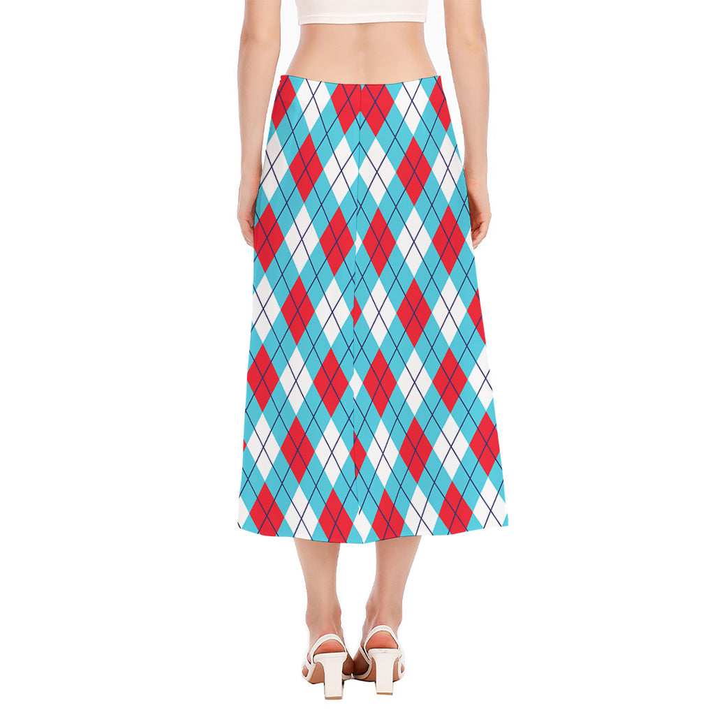 Red Blue And White Argyle Pattern Print Side Slit Midi Skirt