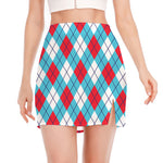 Red Blue And White Argyle Pattern Print Side Slit Mini Skirt