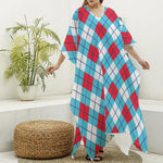 Red Blue And White Argyle Pattern Print Silk V-Neck Kaftan Dress