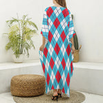 Red Blue And White Argyle Pattern Print Silk V-Neck Kaftan Dress