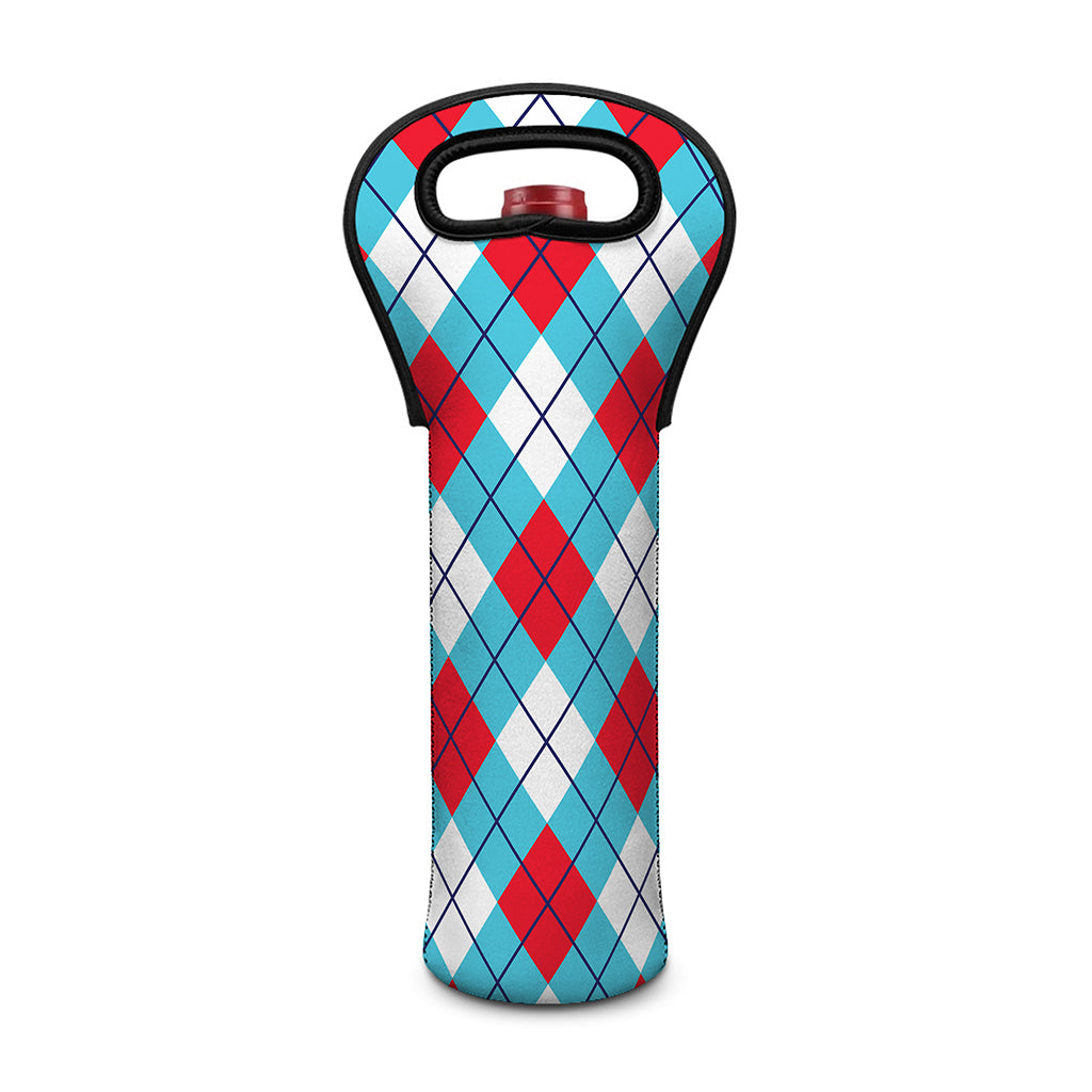 Red Blue And White Argyle Pattern Print Single Neoprene Wine Tote