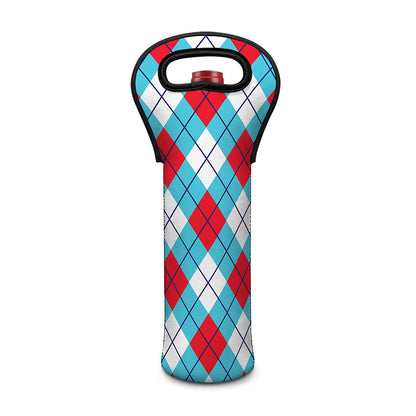 Red Blue And White Argyle Pattern Print Single Neoprene Wine Tote