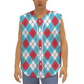 Red Blue And White Argyle Pattern Print Sleeveless Baseball Jersey