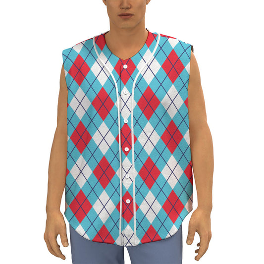 Red Blue And White Argyle Pattern Print Sleeveless Baseball Jersey