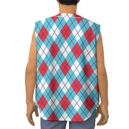 Red Blue And White Argyle Pattern Print Sleeveless Baseball Jersey