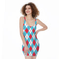 Red Blue And White Argyle Pattern Print Sleeveless Bodycon Dress