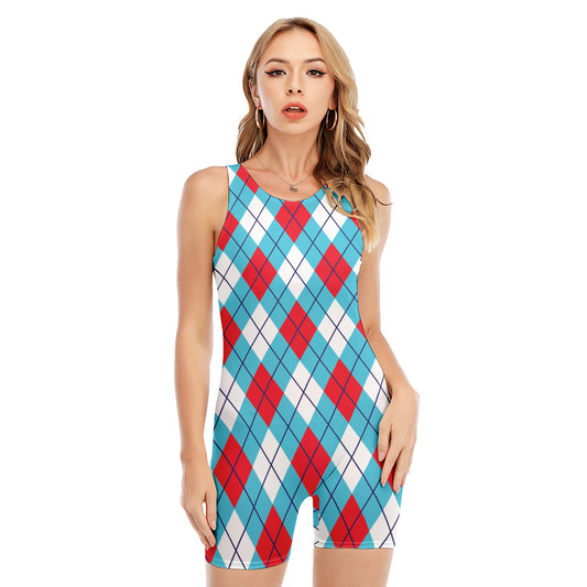 Red Blue And White Argyle Pattern Print Sleeveless One Piece Swimsuit