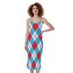 Red Blue And White Argyle Pattern Print Slim Fit Midi Cami Dress