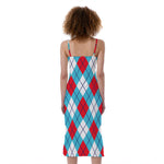 Red Blue And White Argyle Pattern Print Slim Fit Midi Cami Dress