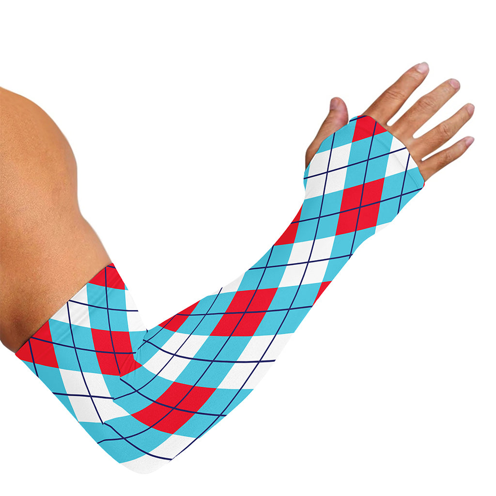Red Blue And White Argyle Pattern Print Sun Protection Arm Sleeves