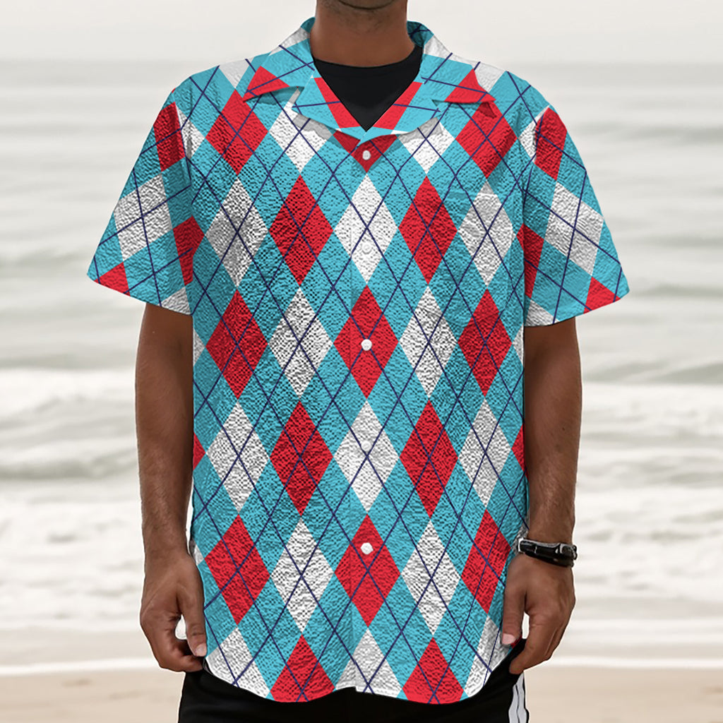 Red Blue And White Argyle Pattern Print Textured Short Sleeve Shirt