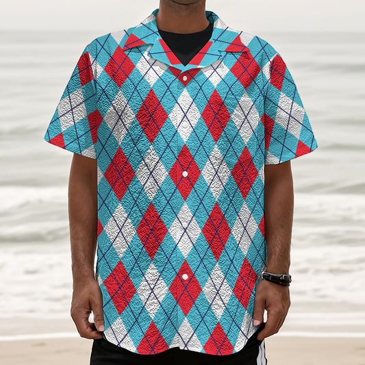Red Blue And White Argyle Pattern Print Textured Short Sleeve Shirt