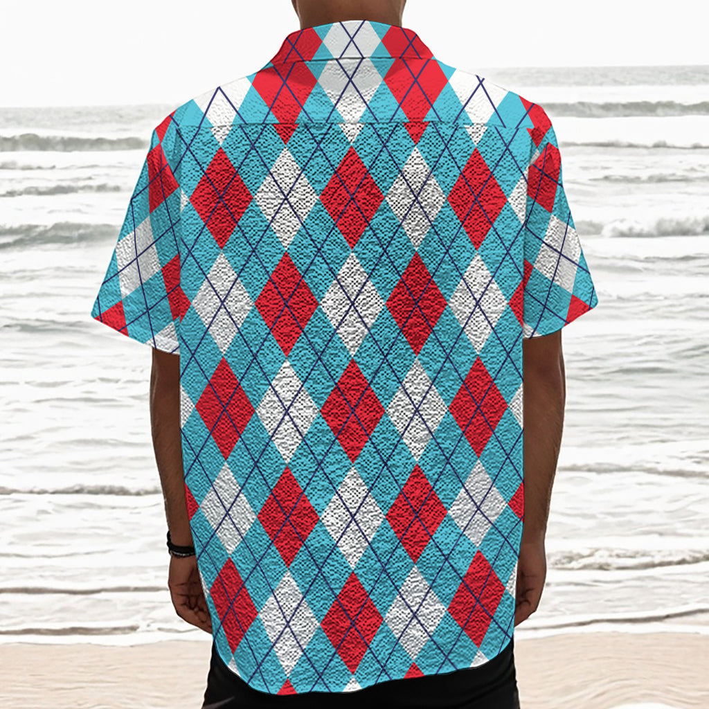 Red Blue And White Argyle Pattern Print Textured Short Sleeve Shirt