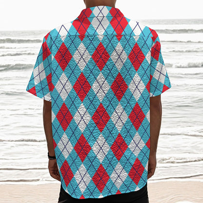 Red Blue And White Argyle Pattern Print Textured Short Sleeve Shirt