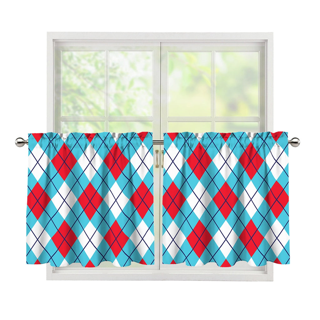 Red Blue And White Argyle Pattern Print Tier Curtains