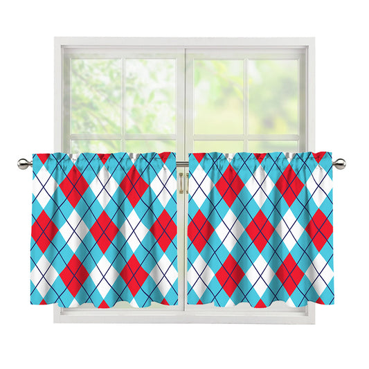 Red Blue And White Argyle Pattern Print Tier Curtains