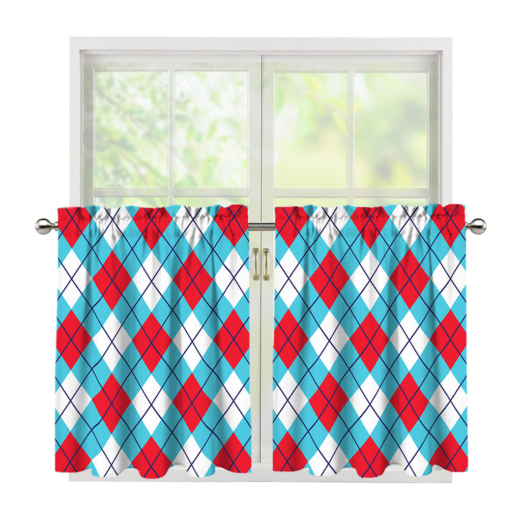Red Blue And White Argyle Pattern Print Tier Curtains