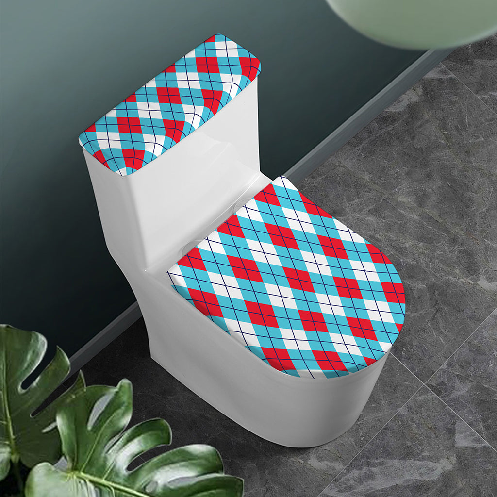 Red Blue And White Argyle Pattern Print Toilet Lid And Tank Cover Set